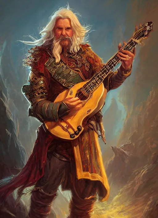 Image similar to bard holding a guitar, ultra detailed fantasy, dndbeyond, bright, colourful, realistic, dnd character portrait, full body, pathfinder, pinterest, art by ralph horsley, dnd, rpg, lotr game design fanart by concept art, behance hd, artstation, deviantart, hdr render in unreal engine 5