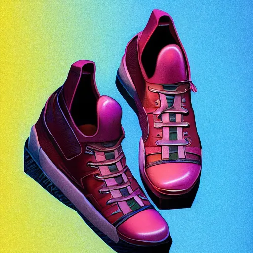 Image similar to futuristic balenciaga and vetements sneakers on gradient background, ultra rendered extreme realism and detail 8 k, highly detailed, realistic, refined, bautiful, fine art photography, hyper realistic, in the style of greg rutkowski, by artgerm, by gustave dore, by marco turini, photorealistic, elegant, sharp focus, artstation,