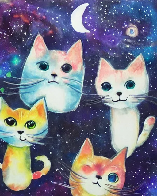 Image similar to cute galactic space cats, painted in water colors