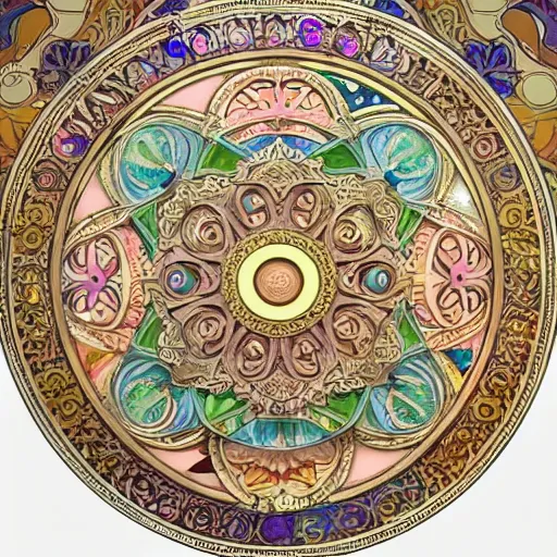 Image similar to huge 3 d plasterwork mural colourful detailed ornamental abstract art nouveau large circle mandala, full sized circle, art by alphonse mucha and walter crane and louis sullivan and william morris