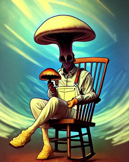 Image similar to male mushroom alien sitting in a rocking chair, wearing overalls, smoking a pipe, full body, art by artgerm and greg rutkowski and alphonse mucha