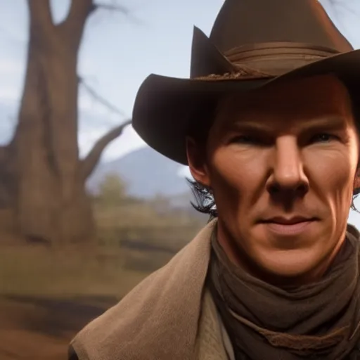 Prompt: Film still of Benedict Cumberbatch, from Red Dead Redemption 2 (2018 video game)