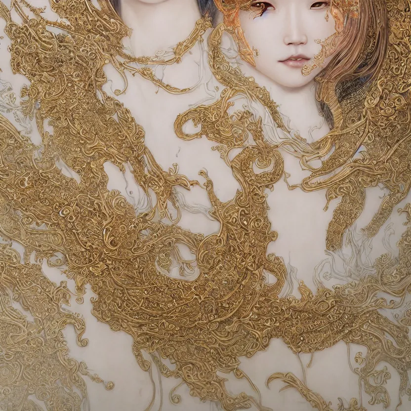 Image similar to amazing exquisite matte painting, close - up portrait of a chinese white loong, sacred,, shimmer, exquisite detail huge details, gold detailed line work, by xision and yukii morita,, james jean, trending on artstation