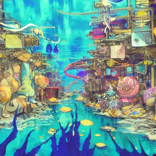 Prompt: anime background of an undersea slums shopping district built from various sea shells and corals, seaweed, light prisms, light diffraction, steampunk, cyberpunk, cool colors, caustics, anime, vhs distortion, inspired by splatoon by nintendo, art created by miyazaki studio ghibli