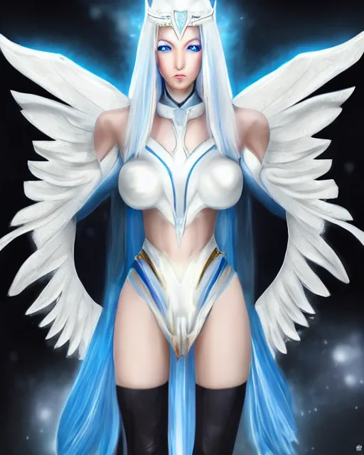 Image similar to perfect white haired attractive egyptian goddess with huge white dove wings, warframe armor, beautiful, symmetric, dreamy, half asian, pretty face, blue eyes, detailed, scifi platform, laboratory, experiment, 4 k, ultra realistic, epic lighting, android body, illuminated, cinematic, masterpiece, art by akihito tsukushi, voidstar