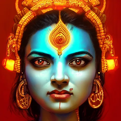 Image similar to portrait of a hindu god kali with a scaly skin and bio-technical parts and high tec VR headset and neon light by Artgerm and Greg Rutkowski , digital painting, highly detailed, trending on artstation