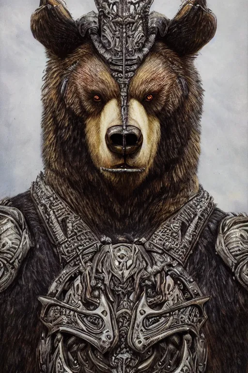 Prompt: sideview waist up portrait of bear wear baphomet armor made with porcelain by jeff easley and peter elson, beautiful eyes and face, symmetry face, galaxy, gothic, surreal, dread, highly detailed, intricate complexity, epic composition, magical atmosphere, masterpiece, award winning, trending on artstation