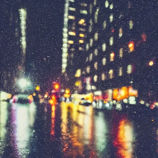 Prompt: zoomed in iphone photo rainy nightin the city, reflections