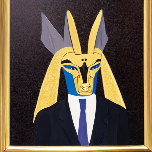 Image similar to painting of the god Anubis wearing an office suit with a gold necklace, looking at the camera, black background, studio light