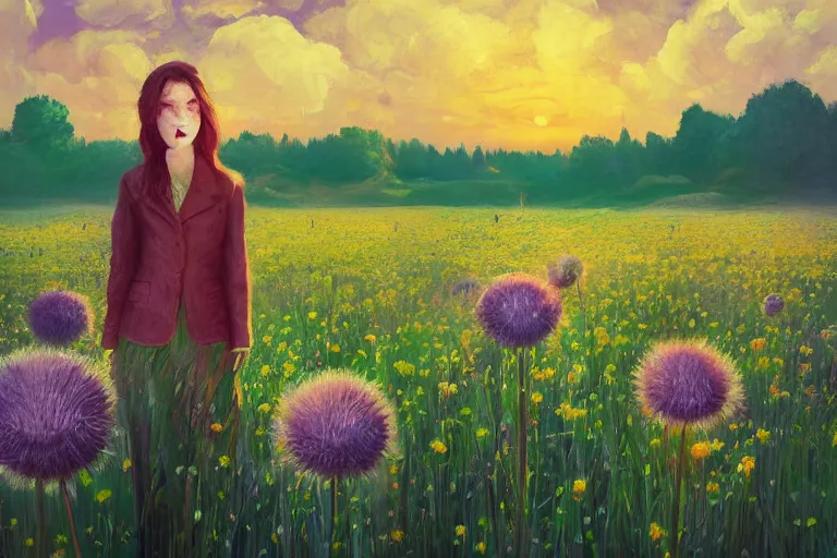 Prompt: giant thistle flower head, girl in suit in field of flowers, surreal photography, sunrise, blue sky, dramatic light, impressionist painting, digital painting, artstation, simon stalenhag