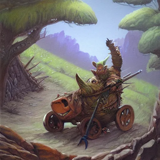 Image similar to painting of fat goblin riding down a hill in a rickety wooden cart holding a lance, fantasy art, magic : the gathering art, by diterlizzi