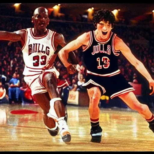 Image similar to frodo baggins blocking michael jordan, nba