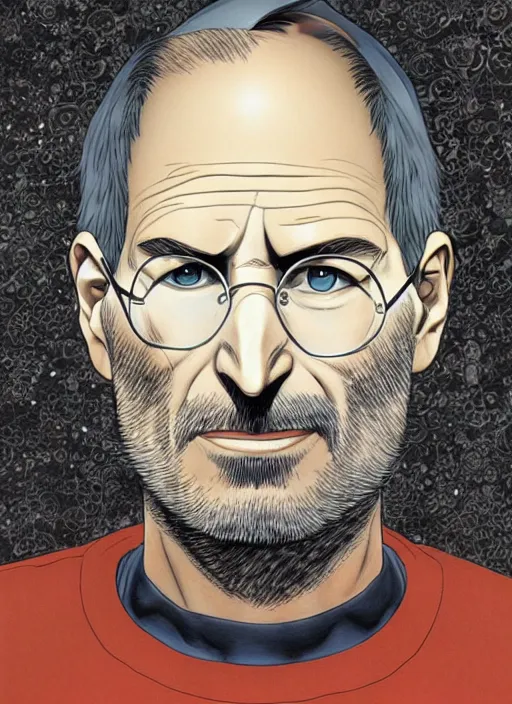 Image similar to steve jobs manga in color, final page, portrait, by katsuhiro otomo and hiroya oku and makoto yukimura