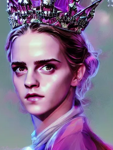 Image similar to pink portrait of young beautiful female angel queen Emma Watson head wearing shiny pink crown, subtle purple accents, hyper details, black metal rococo, sculpted by Alex Alice, Craig Mullins, yoji shinkawa, trending on artstation, beautifully lit, Peter mohrbacher, hyper detailed, insane details, intricate, elite, elegant, luxury, ray of light through smoke, CGsociety, hypermaximalist, golden ratio, volumetric, octane render, weta digital, micro details, 3d sculpture