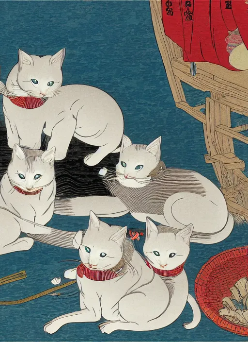 Image similar to whitecat with 2 baby white cats of utagawa hiroshige, digital painting 4 k uhd image, highly detailed