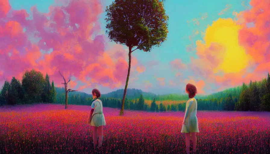 Image similar to girl with an blooming flower face, surreal photography, dream, standing in flower field, hills, big trees, sunrise dramatic light, impressionist painting, colorful clouds, digital painting, pointillism, artstation, simon stalenhag