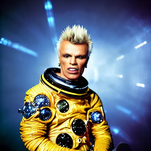 Image similar to uhd candid photo of cosmic billy idol wearing a spacesuit, glowing, global illumination, studio lighting, radiant light, detailed, correct face, elaborate intricate costume. photo by annie leibowitz