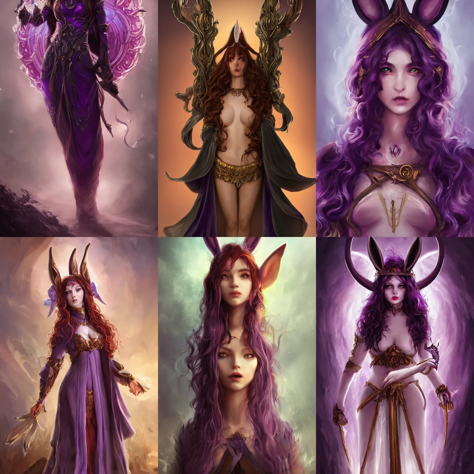 Prompt: Beautiful lady with bunny ears, tall, Evoker robes, dark purple, smoke energy, strange creatures, high fantasy, heroic, detailed face, white skin, red hair, curly hair, golden circlet, ornamental rober, symmetry, trending on artstation, artstationHD, artstationHQ, deviantart, matte painting, colorful