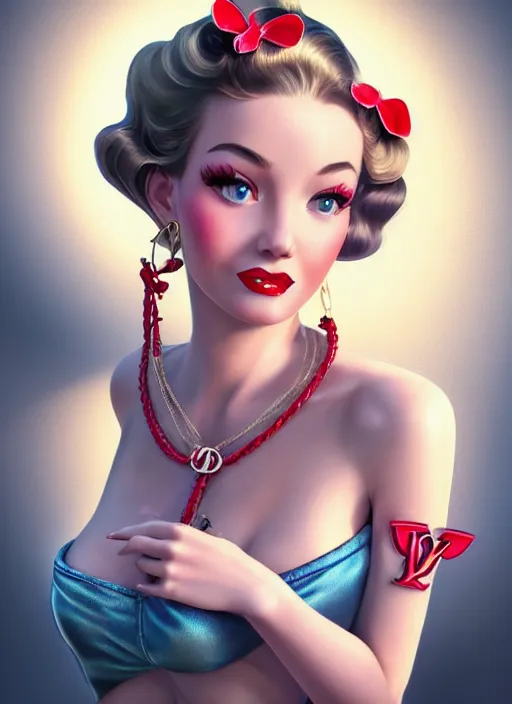 Image similar to a pin up and beautiful fashion dreamlke girl with lv jewelry, character art, art by artgerm, wlop, loish, hyperdetailed, 8 k realistic, symmetrical, global illumination, radiant light, frostbite 3 engine, cryengine, dof, trending on artstation, digital art, chanel, dior, detailed background