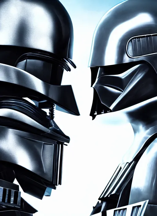 Image similar to Film poster, RoboCop VS Darth Vader, faces look at each other, detailed and realistic, 4k, filmic render