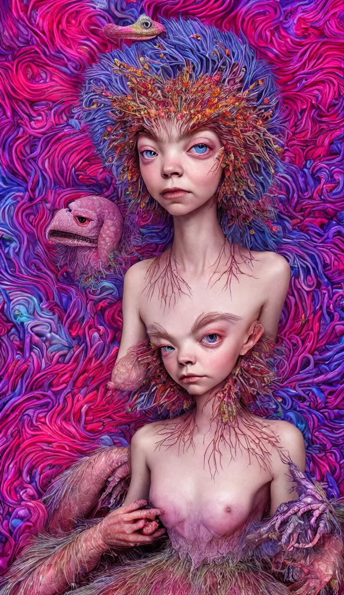 Image similar to hyper detailed 3d render like a Oil painting - kawaii portrait of one Aurora (a beautiful skeksis muppet fae queen from dark crystal that looks like Anya Taylor-Joy) seen red carpet photoshoot in UVIVF posing in scaly dress to Eat of the Strangling network of yellowcake aerochrome and milky Fruit and His delicate Hands hold of gossamer polyp blossoms bring iridescent fungal flowers whose spores black the foolish stars by Jacek Yerka, Ilya Kuvshinov, Mariusz Lewandowski, Houdini algorithmic generative render, Abstract brush strokes, Masterpiece, Edward Hopper and James Gilleard, Zdzislaw Beksinski, Mark Ryden, Wolfgang Lettl, hints of Yayoi Kasuma and Dr. Seuss, octane render, 8k