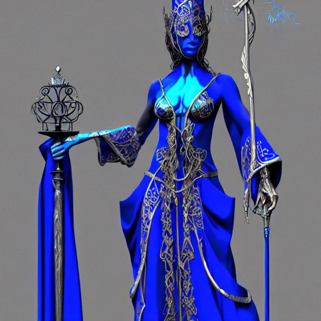 Image similar to elemental water witch in ornate blue robes and staff, highly detailed, 8 k, hdr,, clayton crain