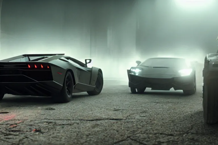 Image similar to A cinematic film still of a Lamborghini in the movie Blade Runner: 2049.