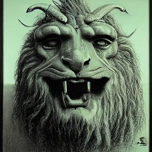 Image similar to creature with with four faces : eagle, bull, man, lion. drawn by zdzislaw beksinski