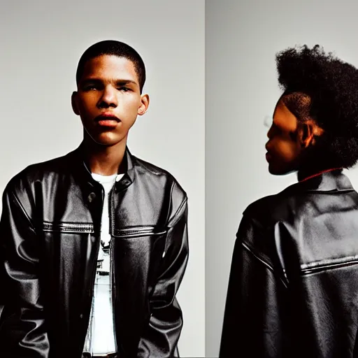 Prompt: realistic photoshooting for a new balenciaga lookbook, color film photography, portrait of a beautiful woman, model wearing a leather jacket, by photo in style of tyler mitchell, 3 5 mm,