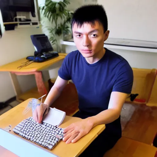 Prompt: a chinese man in front of a table, typing keyboard