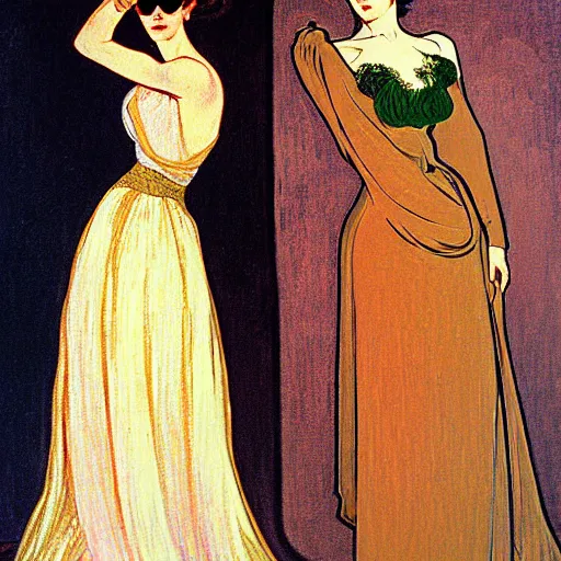 Prompt: painting of young dark haired tan woman named kyra with darked haired glasses wearing woman named kaelyn together at the cucumber soup party, elegant evening gowns!, pretty clothing!, modest, clear, stylized, art by alphonse mucha, vincent van gogh, egon schiele