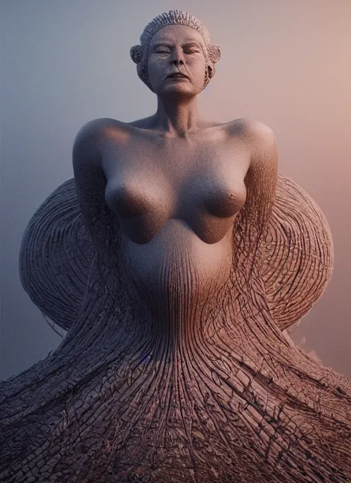 Prompt: CGI, HYPER REALISTIC VFX SIMULATION of THE QUEEN OF THE SUN BY ZDZISŁAW BEKSIŃSKI, HIGHLY INTRICATELY DETAILED 3D OCTANE RENDER