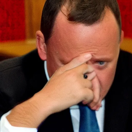 Image similar to photo of john key crying with red eyes and balding hair falling out ugly