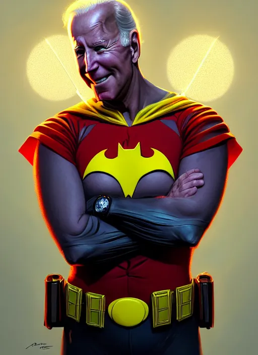 Image similar to portrait of joe biden as robin from batman, intricate, elegant, glowing lights, highly detailed, digital painting, artstation, concept art, sharp focus, illustration, art by wlop, mars ravelo and greg rutkowski