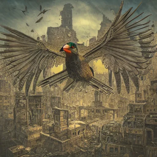 Image similar to bird flying through the center of a post apocalyptic radiated ruined city, surrealism, deep aesthetic, abstract realism, highly ornate intricate details, 1 9 2 0's colored pencil, 4 k, cinematic lighting,