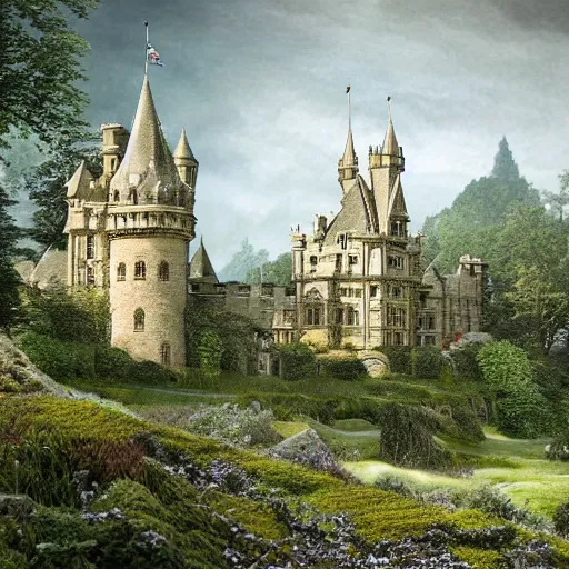 Prompt: England and Wales fairytale victorian castle with a fairytale green roof photorealistic cinematic highly detailed 19th century photorealistic