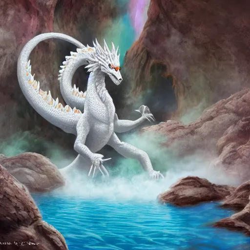 Prompt: detailed painting of a white dragon sitting in the middle of a colorful geothermal hotspring in a cavern, featured on artstation