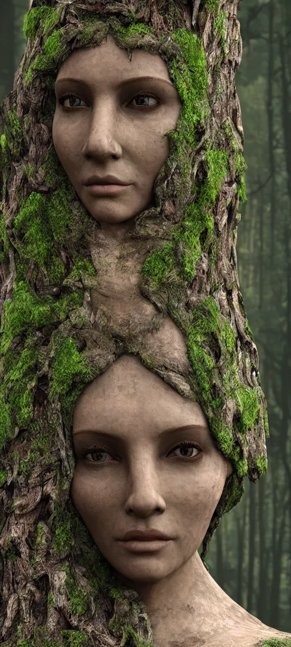 Image similar to photograph of hyperrealistic hyperdetailed ancient woman face in the shape of a tree covered with bark and moss, in a dark mysterious forest, unreal engine, octane,