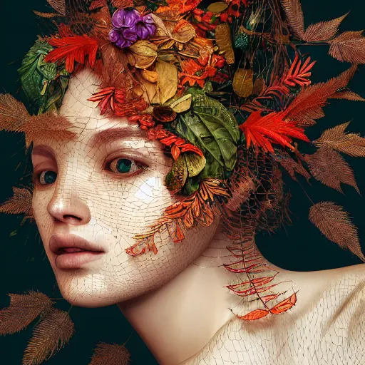 Image similar to the portrait of an extremely beautiful, gorgeous, elegant, graceful, sensual, playful, and sophisticated young woman made of leaves, an ultrafine detailed illustration by james jean, giuseppe arcimboldo, intricate, bright colors, final fantasy,, unreal engine 5 highly rendered, global illumination, radiant light, detailed.