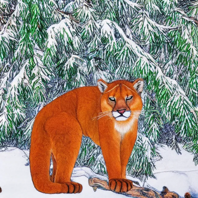 Image similar to crayon colouring book showing 'a cougar sleeping in the middle of snowy pine tree' laying on coffee table, zoomed out shot, HD