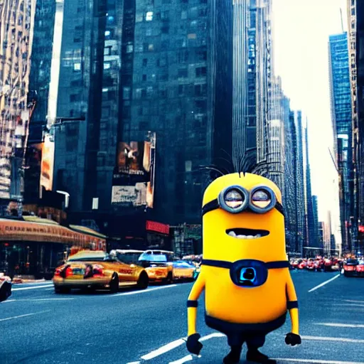 Image similar to 4 k instagram photo of a huge minion walking in new york city