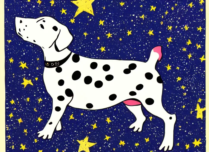 Image similar to portrait of a dalmatian piglet surrounded by stars. silkscreen painting on paper