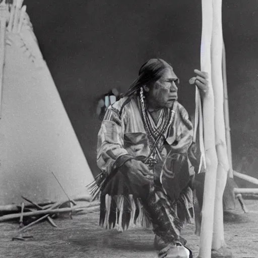 Prompt: a native american man blowing smoke inside a teepee