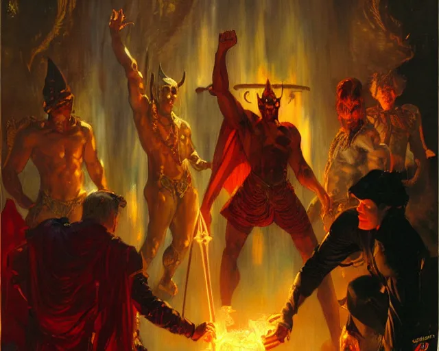 Image similar to heroic magician man, casting dark magic, summoning heroic devil. highly detailed painting by gaston bussiere, craig mullins, j. c. leyendecker, tom of finland