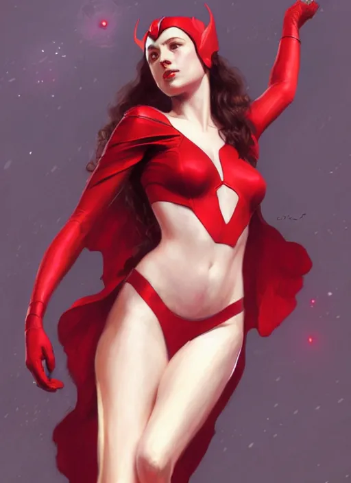 Prompt: Scarlet Witch, full body portrait,slight smile, highly detailed, digital painting, artstation, concept art, sharp focus, illustration, art by wlop and J. C. Leyendecker and Edmund Bliar Leighton and Charlie Bowater