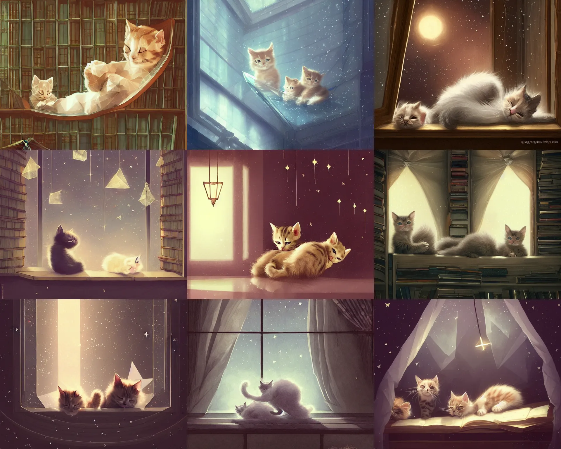 Prompt: cute sleeping kittens in a polygonal library walls and glass ceilings showing the stars and hanging silk drapery and tapestries, light dust, magnificent, close up, details, sharp focus, elegant, highly detailed, illustration, by Jordan Grimmer and greg rutkowski and PiNe(パイネ) and 薯子Imoko and 香川悠作 and wlop and maya takamura, intricate, beautiful, Trending artstation, pixiv, digital Art