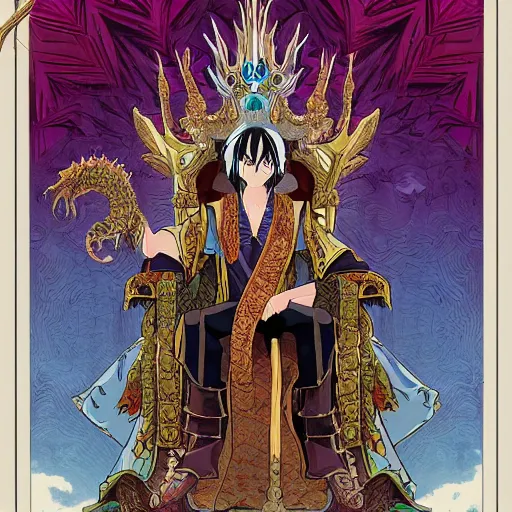 Image similar to concept art painting of a king with ornate robes, a long dragon neck, and horned skull mask, sitting on a throne, anime style, cel shaded, in the style of makoto shinkai and james gurney and studio ghibli and moebius