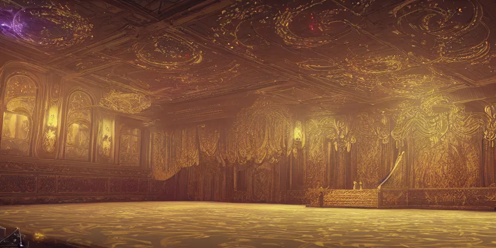 Image similar to high fantasy ballroom stage design, trending on Artstation, regal seating, intricate cosmic illustrations, 8k Unreal Engine 5 render, rule of thirds, immersive starry ceiling, floral architecture