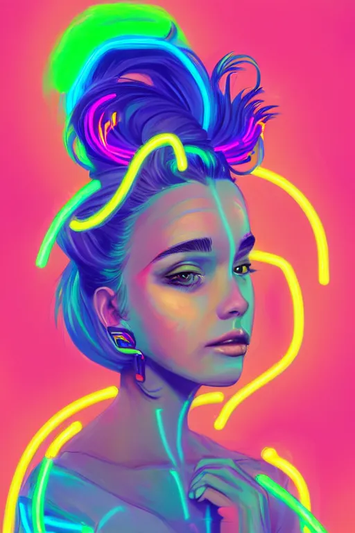 Image similar to a award winning portrait of a beautiful woman with stunning eyes in a one off shoulder croptop and cargo pants with rainbow colored hair, outlined by whirling illuminated neon lines and fine lines swirling in circles by rhads, digital art, trending on artstation