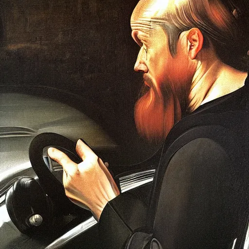 Image similar to a man in his car queuing in traffic, painted by caravaggio